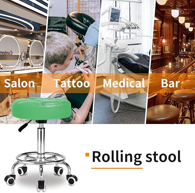 Rolling Stool PU Leather Round - Ultra Soft Padded Seat Cushion Stool with Wheels with Footrest, Weight Capacity 300lb,Adjustable Height Stool for Tattoo Massage Salon Medical Spa Center (Green)