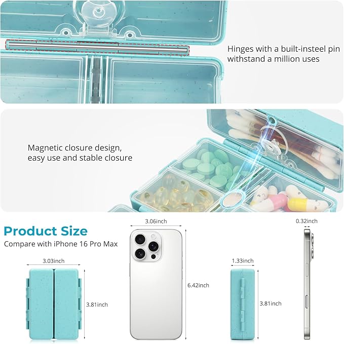 Zentiky Small Daily Pill Organizer with Labels, Medicine Pill Organizer Fit with Your Purse or Pocket for Travel to Hold Vitamin, Fish Oil, Supplement,Cotton Swabs, Bandages or Jewelry-Blue