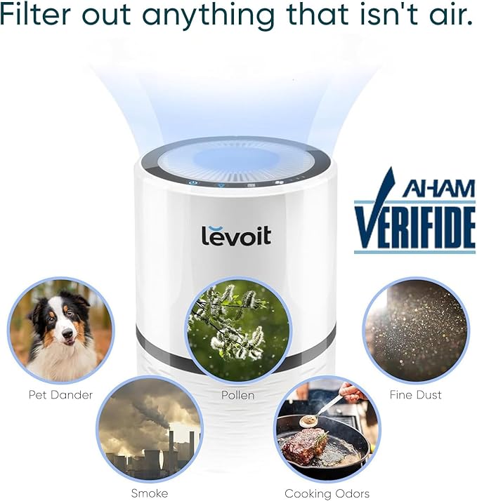 Levoit Air Purifier for Home, AHAM Verifide, High-Efficiency Filter for Smoke, Dust, Pollen, and Odors in Bedroom, Office, or Nursery, Optional Night Light, Quiet Operation, LV-H132, White