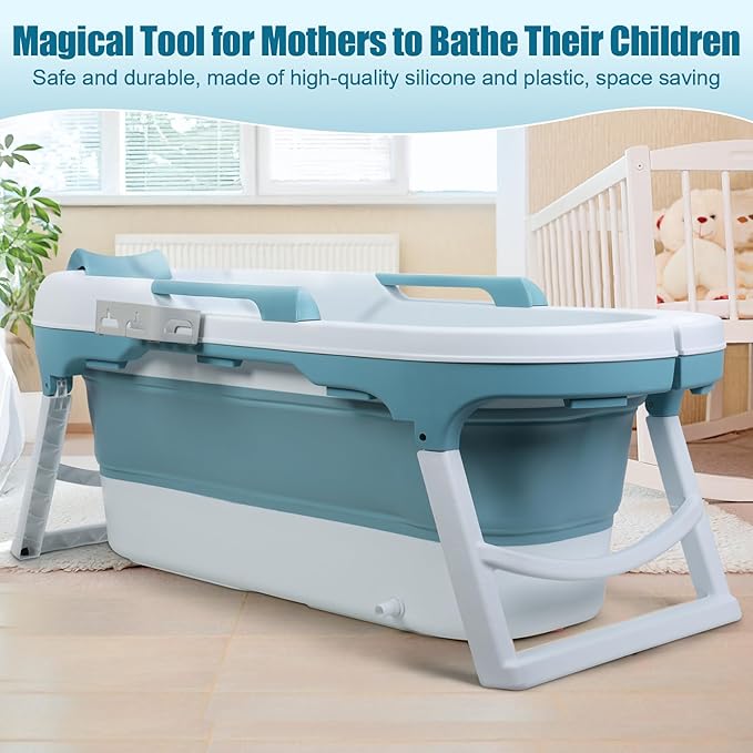 Portable Bathtub, 58/56/50/46 Inch Collapsible Bathtub, Freestanding Foldable for Adults, Folding Tub for Shower, Hot Bath, Ice Bath (Blue-B-140cm)