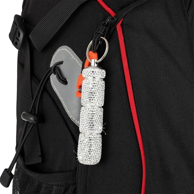 Bling Portable Pill Case with Keychain，Bling Rhinestone Small Fancy Pills Container Glitter Waterproof Holder Keychain for Women Aluminum Bottle Reusable for Outdoor Camping. (Silver)