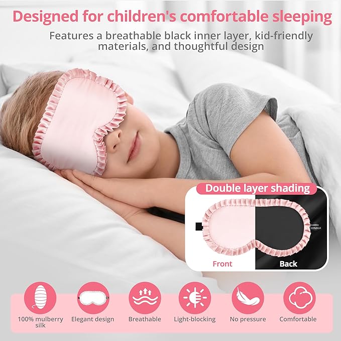 Kids Sleep Mask, 100% Real Mulberry Silk Eye Mask, Sleeping Mask for Kids with Adjustable Elastic Band, Soft & Light Blocking Eye Cover Gift for Boys Girls Teens Age 5+ (Pink)