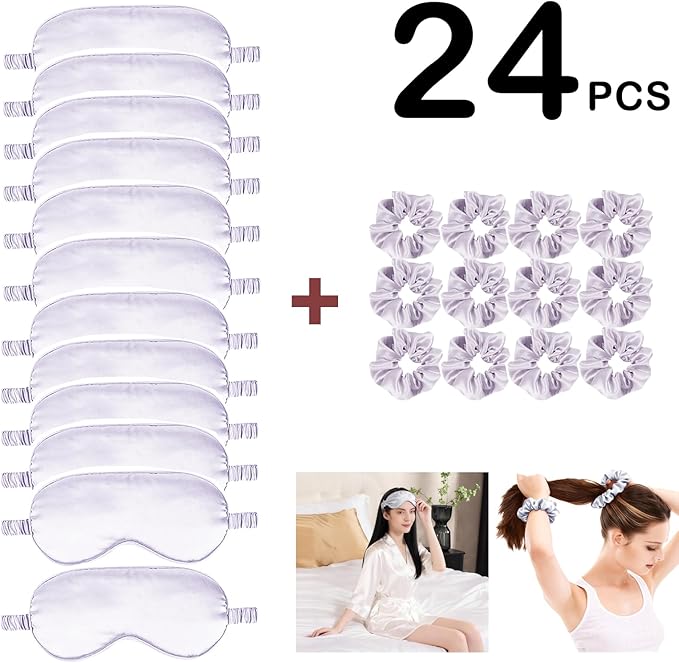 24Pcs Satin Eye Mask Silk Sleep Masks Silky Eyes Cover Blackout Blindfold Eyeshade Scrunchies Hair Ties Travel Wedding Gift