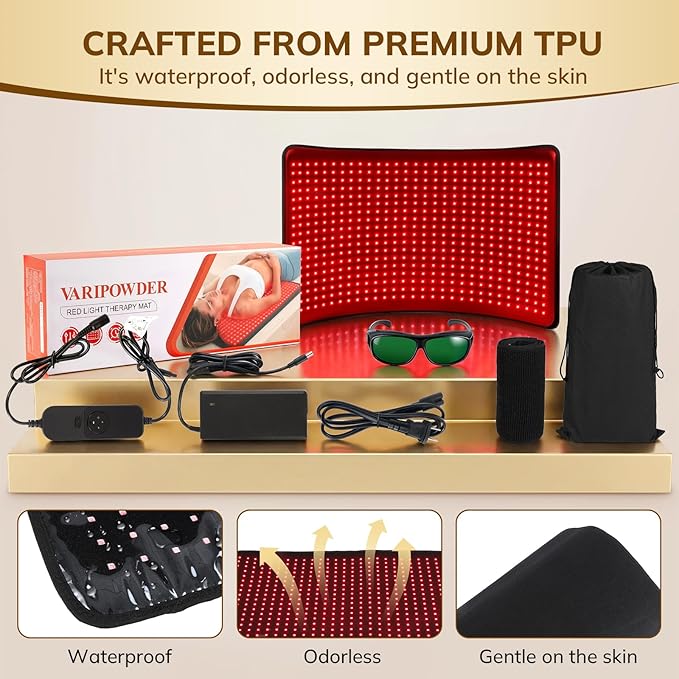 VARIPOWDER Red Light Therapy for Body, 31x16.7'' Full Body Red Light Therapy Mat 522 LEDs 660nm & 850nm, Infrared Red Light Therapy Pad for Back Shoulder Knee Muscle Pain Relief with Goggles