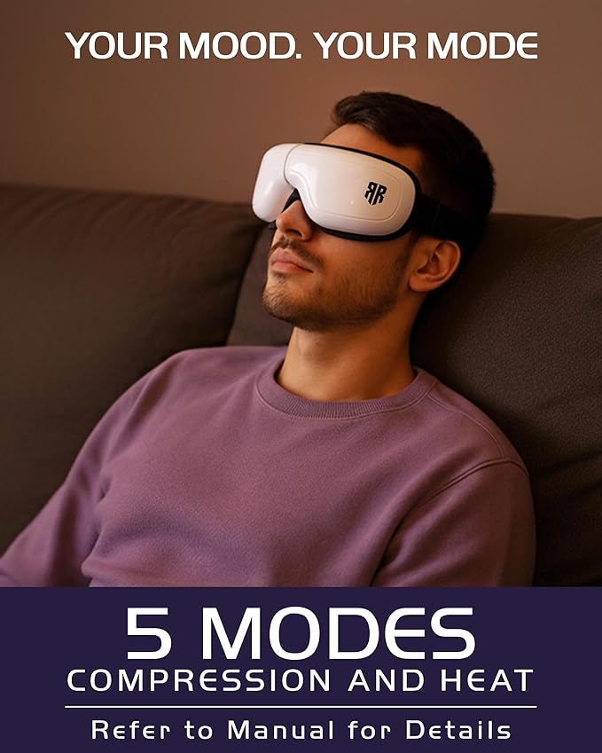 Eye Massager with Heat & Compression, 5 Massage Modes, Bluetooth Music, Foldable Massager for Eye Strain Relief, Relaxation & Better Sleep, Heated Eye Mask, Migraine Relief Device, Gifts for Women/Men