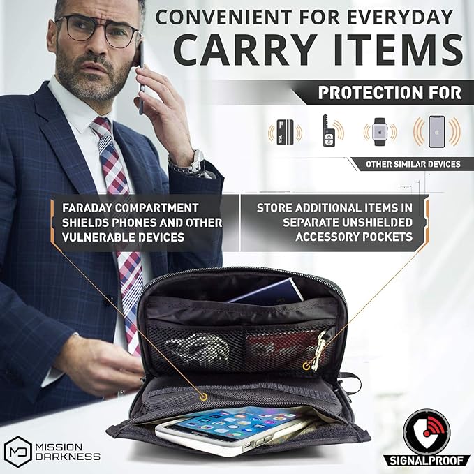 Mission Darkness Phone & Keyfob Faraday Bag Bundle - Collection Includes 1 Mojave Faraday Phone Bag + Keyfob Shield (2-Pack). RF Shielding, Anti-tracking & Hacking, EMF Reduction, EMP Protection.