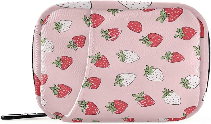 Pink White Strawberries Travel Pill Organizer Case Box Container Weekly Portable Vitamin Medicine Holder Storage Bag with Zipper Removable