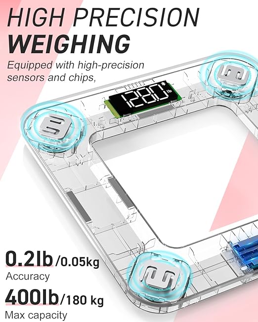 INSMART Smart Scale for Body Weight, Digital Bathroom Scale with BMI, Muscle Mass, Bluetooth Body Fat Scale,17 Body Composition Analyzer with Smart APP Sync Weight Scale, 400 lbs - Pink