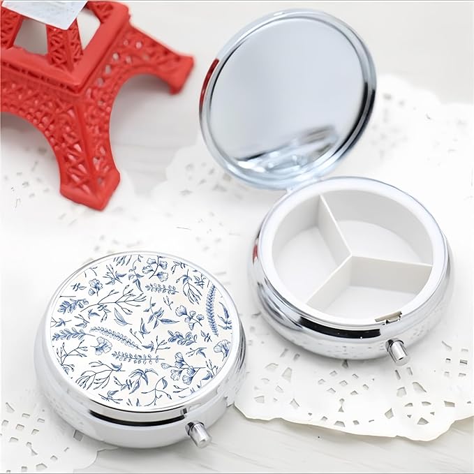 Pill Box 3 Compartment Pocket Cute Small Pill Organizer Mini Metal Pill Holder Travel Portable for Woman Old People and Kids - Vintage Blue Flower