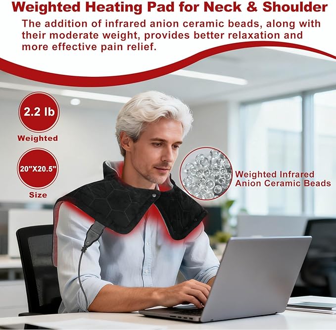 KozyOne Weighted Premium Heating Pad for Neck, Shoulders & Back, Far Infrared & Negative Ion Therapy for Pain Relief, 4 Heat Settings, Auto Shut-Off, Machine Washable (22" x 20.5")