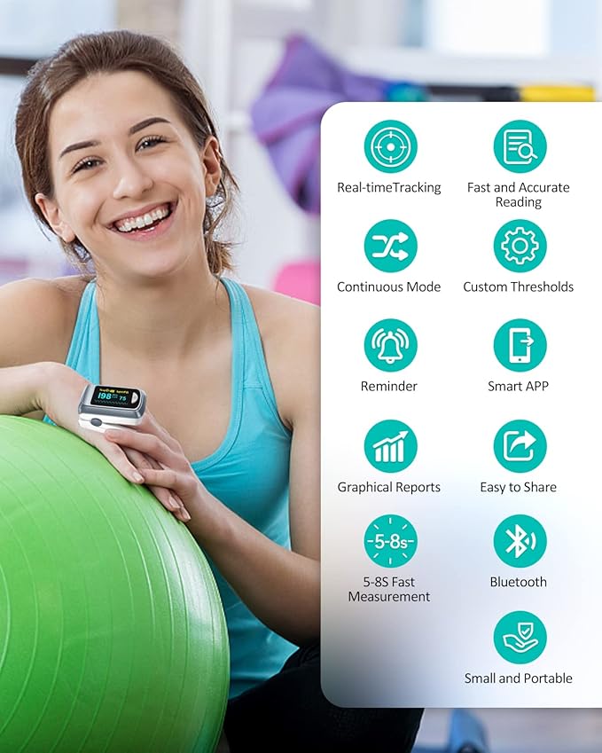 Pulse Oximeter HealthTree Oxygen Monitor Fingertip, Bluetooth Pulse Ox with Free APP, O2 Pulse Oximeter Finger and Heart Rate Monitor, 2 X AAA Batteries, Lanyard