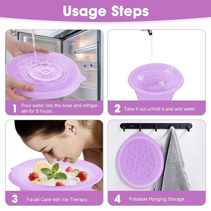 Face Bowl for Ice With Built-in Ice Tray Collapsible Silicone Facial Face Ice Bath Bowl Small Reusable Cold Plunge Basin is Portable,Perfect for Home Use,Camping,Travel Cold Bath Spa Tool & Purple