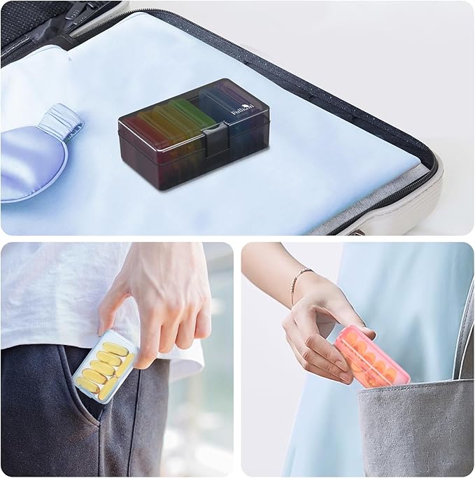 Fullicon Small Pill Case for Purse, Travel Medicine Pill Organizer, Weekly 7 Day Daily Pill Box, Pocket Pharmacy Pill Container Dispenser Holder with Labels (Black Rainbow)