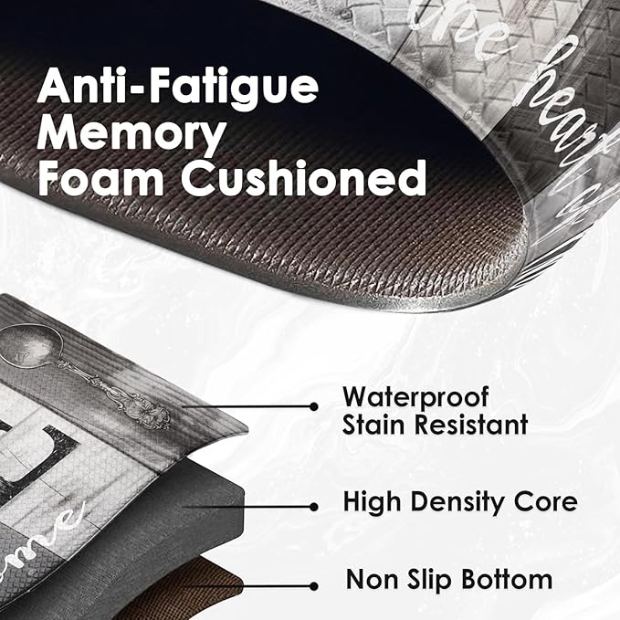 Arttown Farmhouse Anti-Fatigue Kitchen Rug Set of 2 Black Gray Wooden Cushioned Floor Standing Mat Waterproof Non-Slip Mat and PVC Ergonomic Comfort Foam Rug