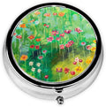 Metal Silver 3 Compartment Pill Box Pocket Portable Mini Travel Pill Case Small Round Decorative Medicine Box Vitamin Pill Organizer with Oil Painting Flower