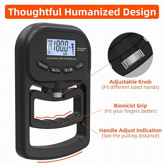 396lbs / 180kg Grip Strength Trainer, Rechargeable Electronic Hand Dynamometer, Digital Grip Strength Tester with LCD Display, Adjustable Hand Grip Dynamometer Hand Exercisers for Strength