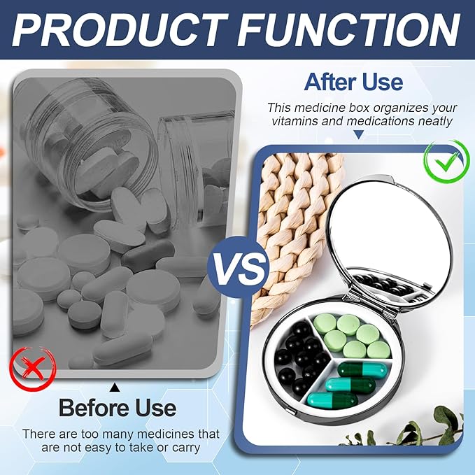 Portable Metal Pill Case with Mirro, Featuring 3 Compartments—Perfect for Travel. BPA-Free. (S-Black, Small)