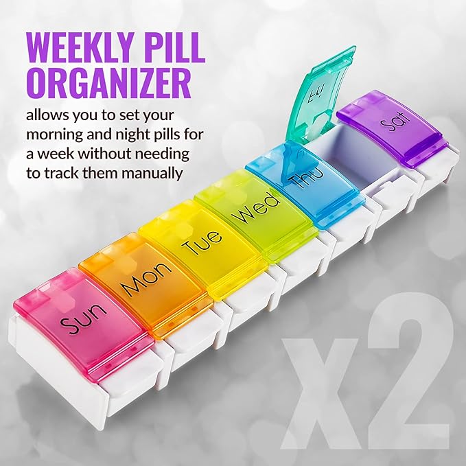 Weekly Pill Organizer - (Pack of 2) Colorful 7-Day Easy Push Button Assisted Open for Arthritis and Seniors, BPA Free, Daily Travel Pill Box Case Planner for Medication Vitamins Fish Oil Supplements