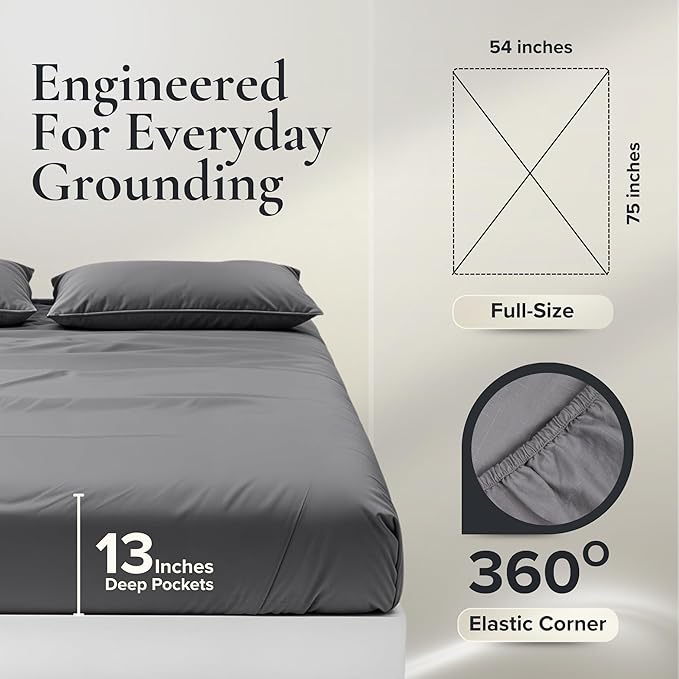 Earthing Grounding Sheets Full Size (Grey) - 400 Thread Count Soft Earthing Sheets w/Cotton, Silver Fiber - Reinforced Grounding Cord for Conductivity – Ideal Grounding Bed Sheets for Better Sleep