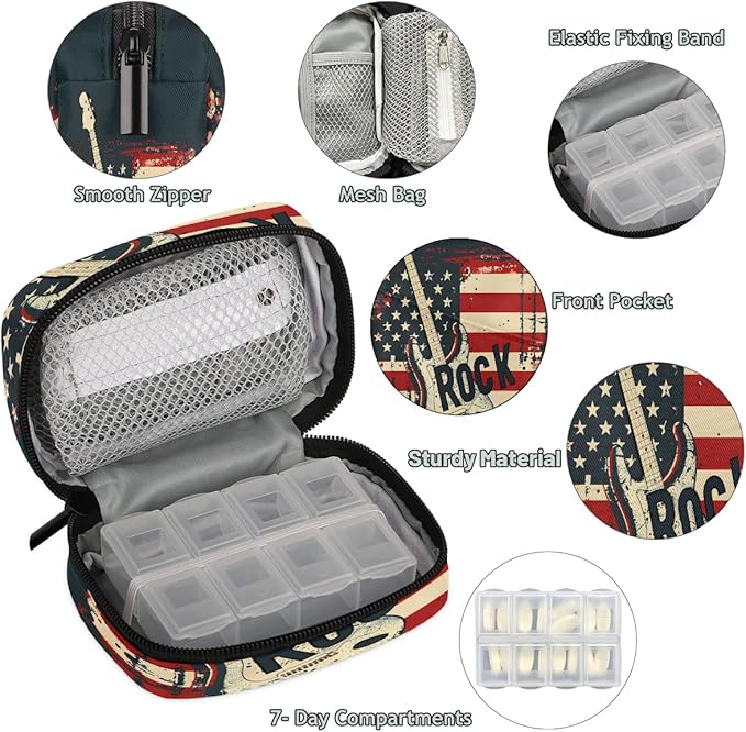 American Flag Music Guitar Travel Pill Organizer Box Weekly Portable Pill Case Daily Pills 7 Day Small Birth Control Pills Container Removable Compartments for Medicine Vitamins Fish Oil