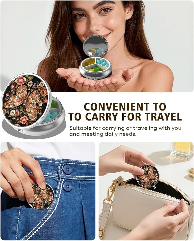 LRITER Pill Case, Portable Travel Pill Box, Pillbox Organizer, Cute Small Medicine Storage Container, Purse Accessories for Women, Men (Butterfly)