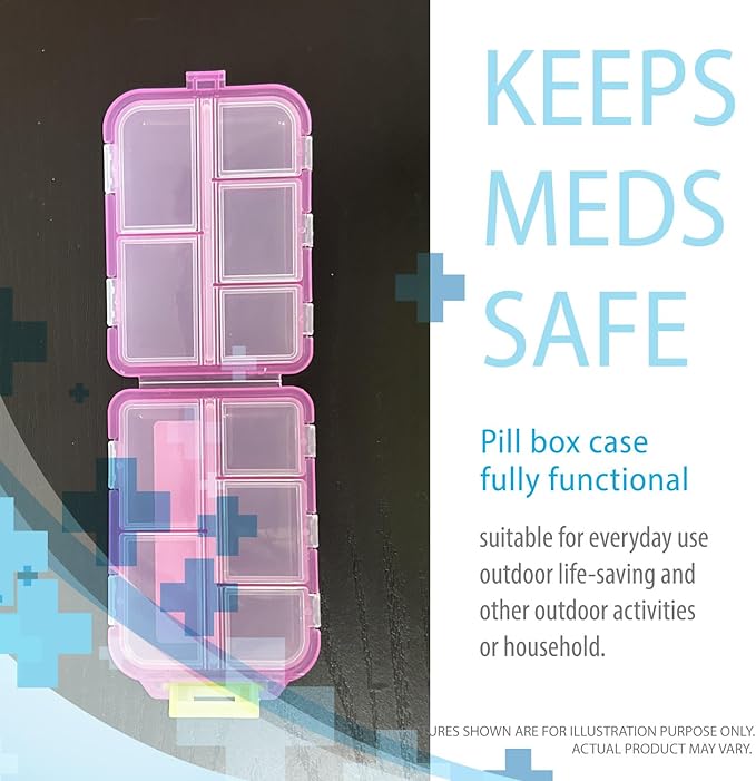 Deke Home - Portable Pill Organizer with 10 Compartments & Medication Label Stickers, Daily Pill Box for Travel, Vitamins, Supplements & Medicine Storage, Compact, Colorful, Easy to Identify (Pink)