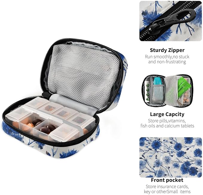 Chinoiserie Cornflowers Blue Travel Pill Organizer Case Box Container Weekly Portable Vitamin Medicine Holder Storage Bag with Zipper Removable