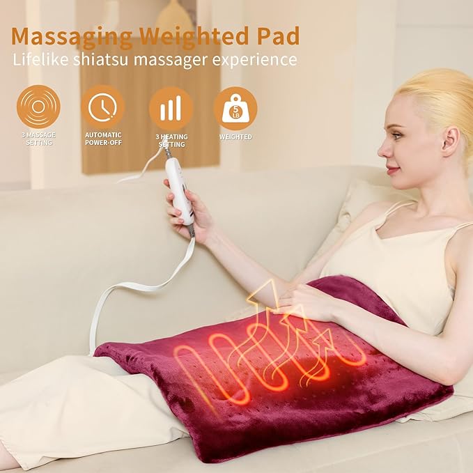 SAROO Heating Pad for Back Pain Relief,Massaging Weighted Heating Pads for Neck, Shoulder,Cramp,Portable Heated Pad with 3 Heat Settings & 6 Massage,18 Relaxing Combinations,Auto Off,20"*24",Wine Red