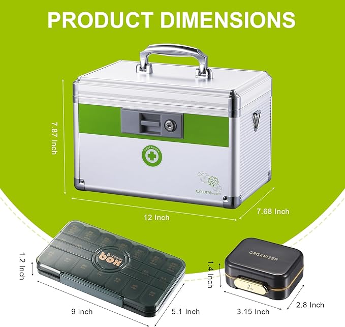 Medicine box with lock 12 x7.6x 7.8 inches [Medium], Medication Lock box ，First Aid Key Safe Box with Lock, Medical Box Organizer