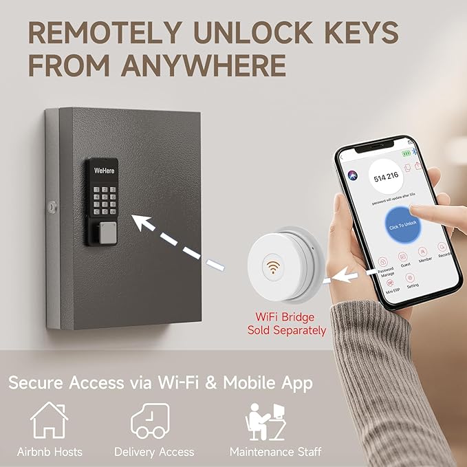 32 Key Lock Box Wall Mount, Smart Key Cabinet One Time Password/APP Bluetooth/Fixed/Wi-Fi Remote/Key Unlock, Key Management for Valets/Realtors/Office/Hotel