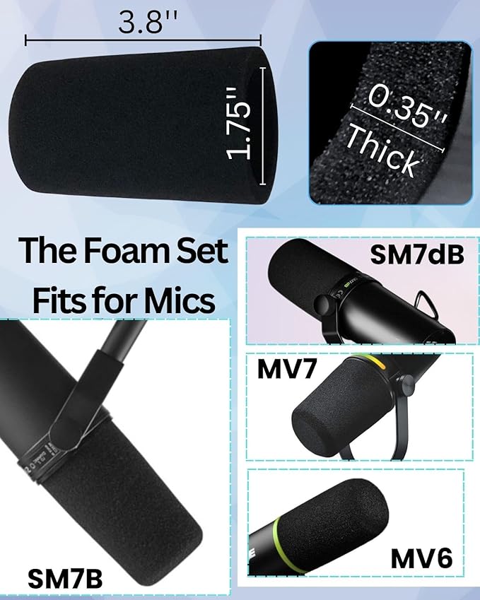 SM7b Foam Cover for Shuer SM7B, MV7 POP Filter RK345 Replacement, Windscreen with Colored Retaining O-Ring Identified Seat (Cyan)