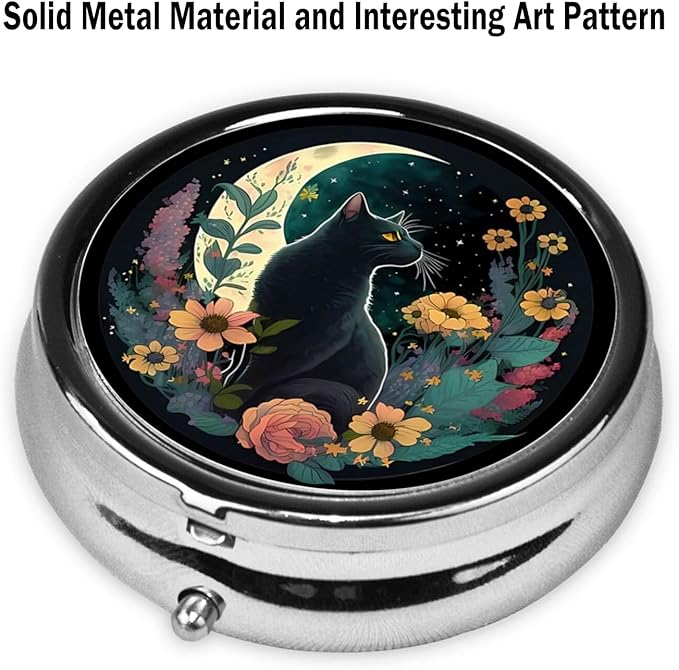 Pill Box, Small Pill Organizer with 3 Compartments and Mirror, Cute Round Portable Travel Metal Pill Case for Pocket or Purse, Privacy-Protecting Medicine Box-Dark Night Moon Flower Cat