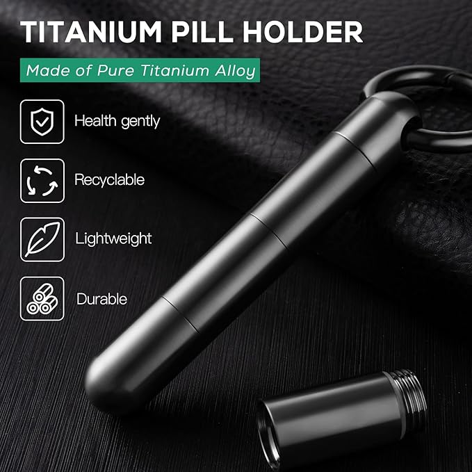 TISUR Titanium Pill Case Keychain Pill Holder+Titanium Key Chain Clip Hook