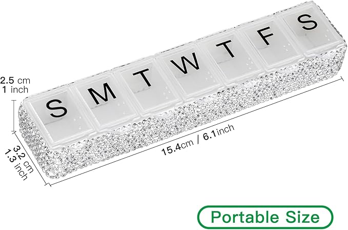 Soleebee Portable Weekly 7 Day Pill Organizer, Bling Crystal Pill Box Case, Travel Pill Planner, Pill Dispenser, Medicine Vitamin Container Organizer (Silver)