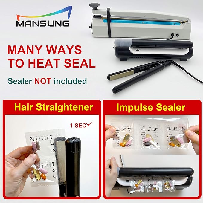 Mansung S Heat Seal Pill Bag pouche Pack Sealed for Medicine Funnel Tray Loading AM PM Organizer Electronic Dispenser kit Daily Sealing Filler Vacuum Vitamin omnicell sorter Paper (S 700 Bags/Blank)