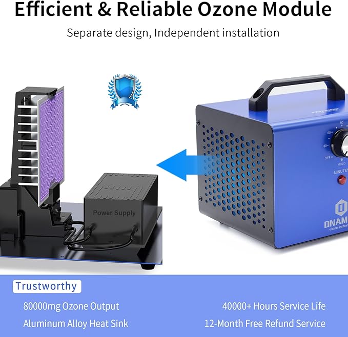 ONAMOR Ozone Generator 80000mg, Ozone Machine Odor Removal, Ozone Ionizer Deodorizer, High Efficiency Ozone Odor Eliminator for Home, Car, Smoke, Basement and Pet Room, Blue