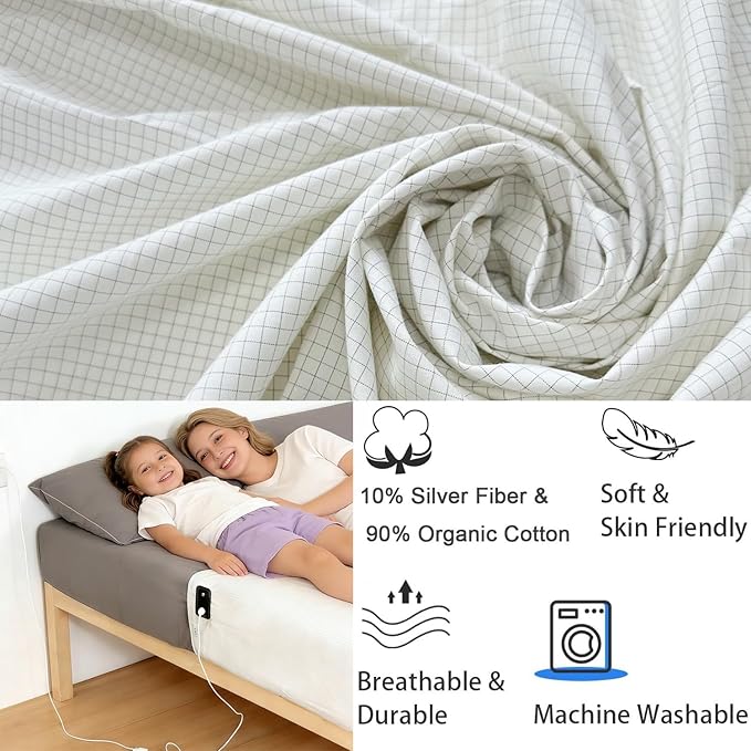 Grounding Sheets 27"x105" Fits All Mattress Sizes, Upgraded 10% Conductive Silver Fiber, 90% Organic Cotton for Improved Sleep, Square Grid White Grounded Half Flat Sheet