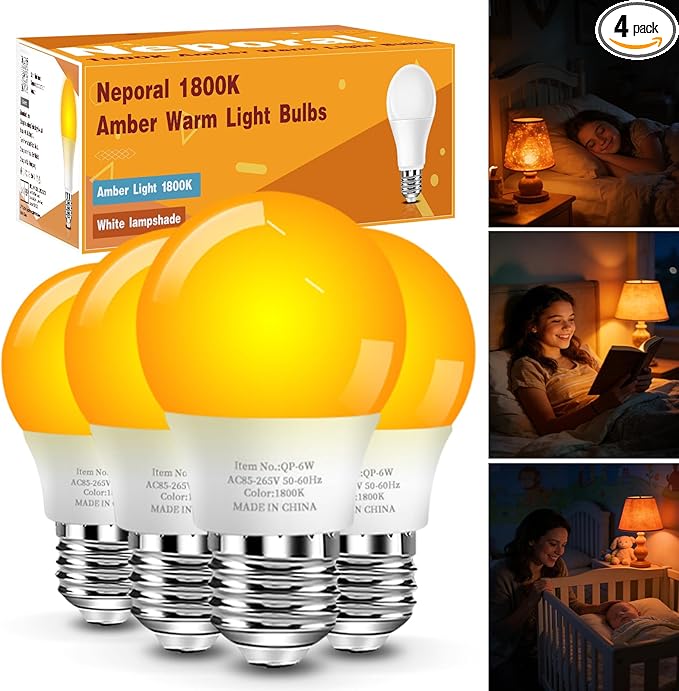 Neporal Amber Sleep Light Bulbs 1800K 4PK, 6W 40 Watt Equivalent, 99.96% Blue Blocking Soft Warm Light Bulbs A15, Amber Night Light E26 for Bedroom and Baby Nursery Light