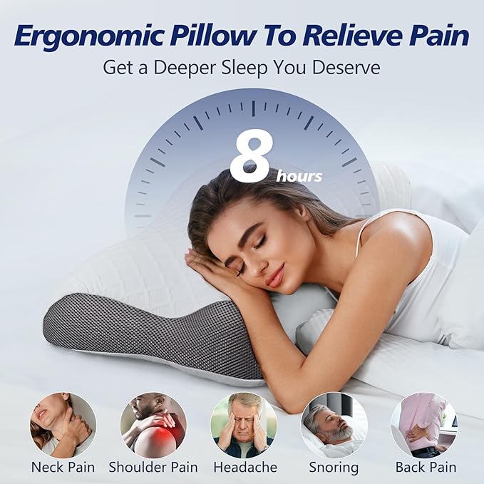 Memory Foam Bed Pillow for Sleeping, Ergonomic Cervical Neck Support Orthopedic Contour Pillow for Side Back Stomach Sleeper, Neck and Shoulder Pain Relief Anti Snoring Pillow (Standard, 1)