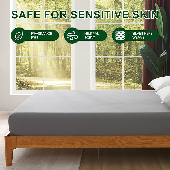 Ivellow Grounding Sheets King 10% Pure Silver Fiber 90% Organic Cotton Sheets King Size 16” Deep Pocket Soft Breathable Grounded Sheet Earth Connected Bedding Fitted Bed Sheet with Grounding Cord Grey