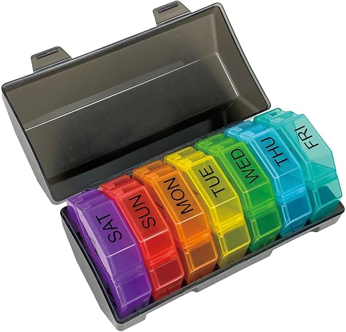 Weekly Pill Organizer 4 Time a Day，Pill Dispensers， Pill Box 7 Day with 28 Extra Large Compartments Portable Travel ，4 Times a Day Pill Case, for Medication/Vitamins/Fish Oils (Black Rainbow)