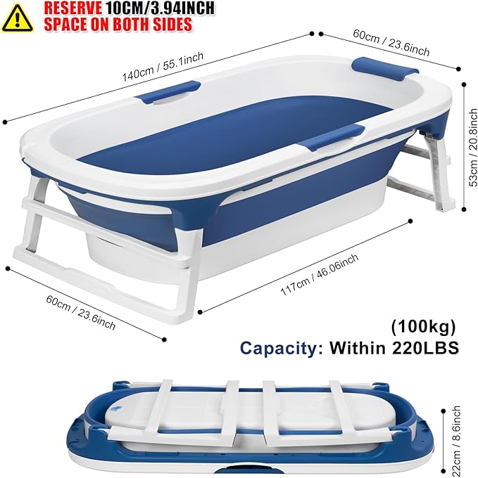 Portable Bathtub, 58/56/50/46 Inch Collapsible Bathtub, Freestanding Foldable for Adults, Folding Tub for Shower, Hot Bath, Ice Bath (Blue-C-140cm)