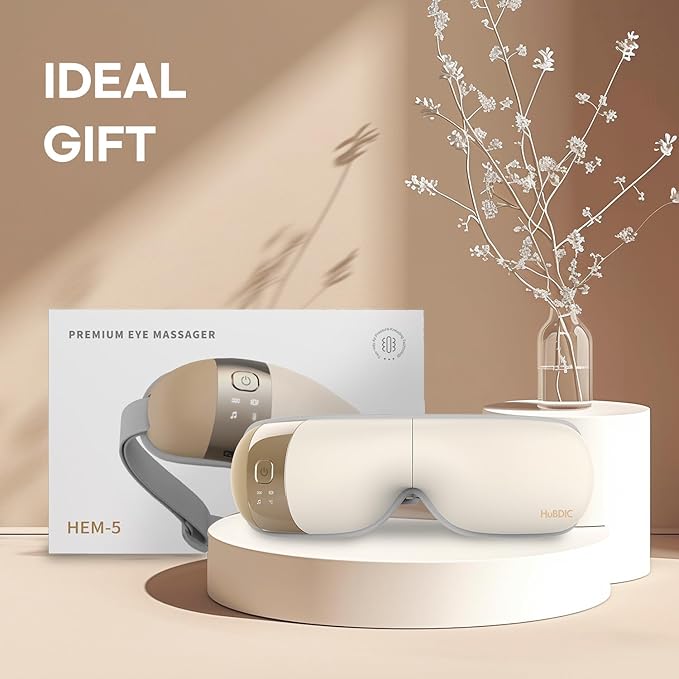 HubiCare Eye Massager with Heat, Vibration, and Music Helps Relieve Strain, Dark Circles, Dryness, and for Migraine Relief Relaxation and Better Sleep Valentines Day Gifts for Women/Men (Beige)