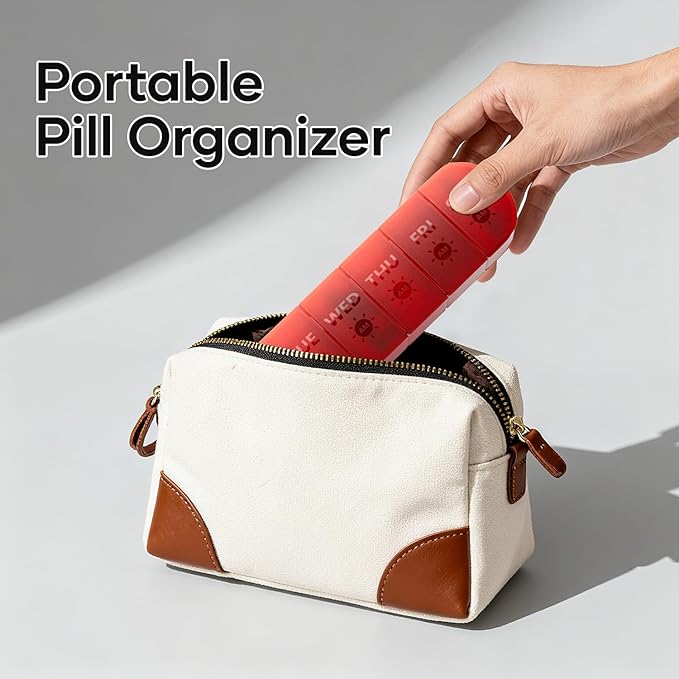 2 Layers Weekly Pill Organizer 2 Times a Day, Travel Medicine Pill Organizer, Pill Box Case 7 Day AM PM, Pill Container for Vitamins, Fish Oil, Supplements and Medication, Red