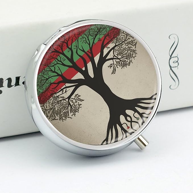 Tree of Life Palestinian Flag Pill Box Travel Pill Case for Purse Pocket Weekly Medicine Organizer with Mirror 3 Compartment Round Medicine Case Portable PillcaseHolder for Daily