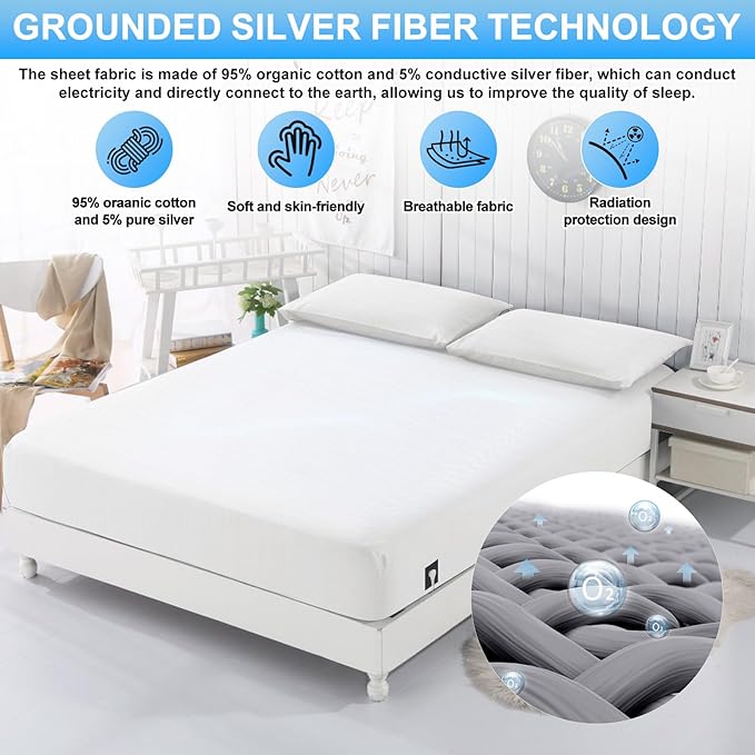 Grounding Sheets for Earthing Queen Size, Fitted Earthing Sheets Grounding Fitted Sheet for Improving Sleep, Better Working and Help with Anxiety, Organic Cotton & Silver Fiber, White