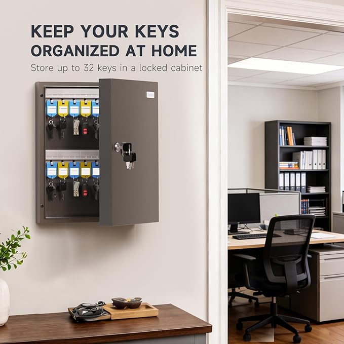 32-Keys Key Lock Box, Wall Mount Key Cabinet with Magnetic Door and Tags, Security Key Holder Lockbox for Home, Garage, Car Key Storage for School, Small Office, Valets, Hotels