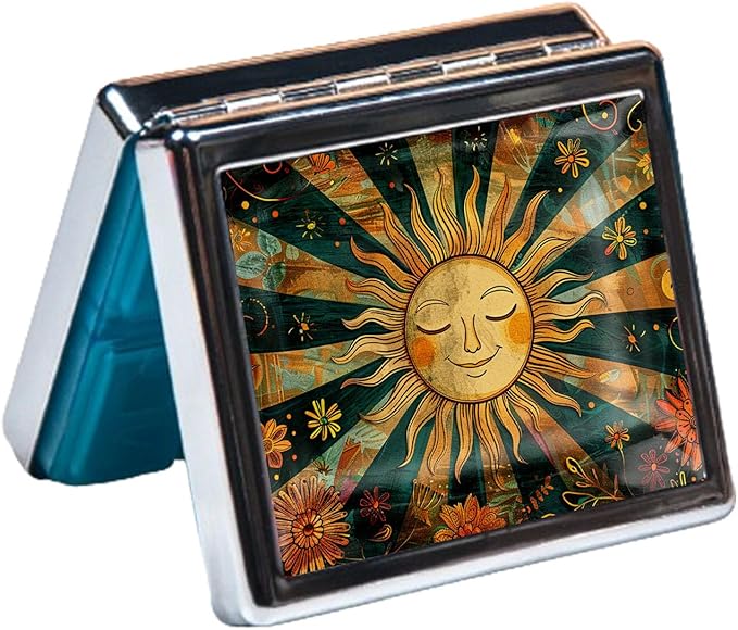 7 Day Travel Pill Organizer with Mirror Shiny Silver Chromed 8 Compartment Pill Box for Vitamins and Medications Compact and Stylish Medicine Case (The Mysterious Sun)