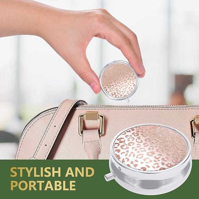 Nipichsha Pill Box, Small Pill Case for Purse & Pocket, Cute Travel Medicine Organizer, Portable Medicine Container Holder to Hold Vitamins, Medication, Fish Oil & Supplement, Rose Gold Leopard Print