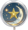 Golden Stars and Moon Pill Box Travel Pill Case for Purse Pocket Weekly Medicine Organizer with Mirror 3 Compartment Round Medicine Case Portable PillcaseHolder for Daily